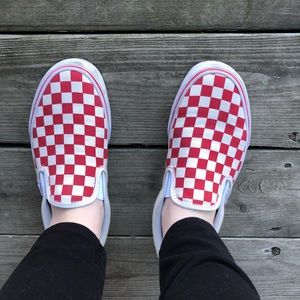 checkered vans slip ons red